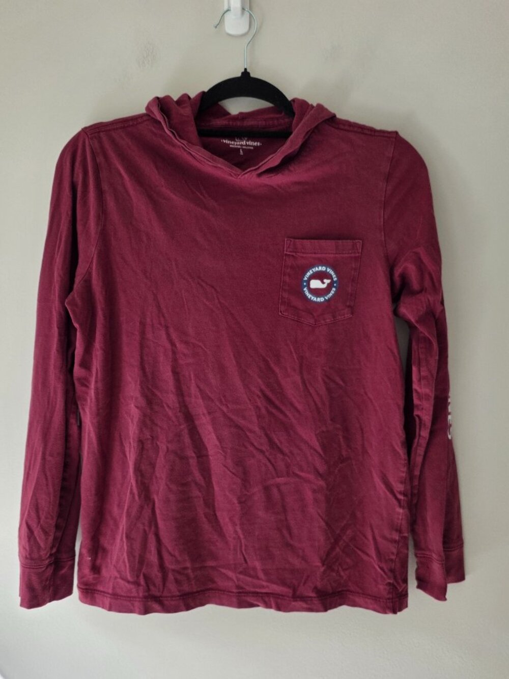 Vineyard Vines Maroon Long Sleeve Hooded T-Shirt | Youth Large 16 Whale Preppy